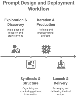 AI collaboration workflow diagram showing four-stage human-AI partnership process: Exploration & Discovery, Synthesis & Structure, Iteration & Production, and Launch & Delivery for transparent AI workflows.