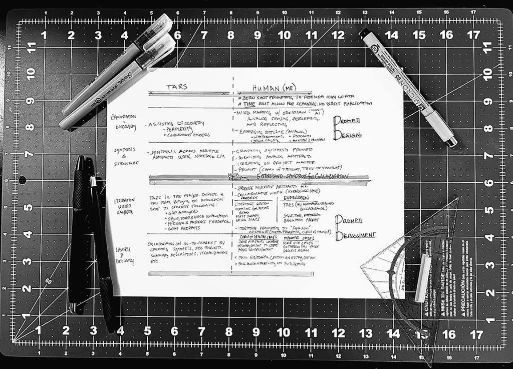 Handwritten AI collaboration workflow notes on drafting table showing analog planning for human-AI partnership methodology.