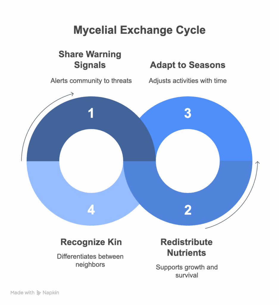 The four types of mycelial exhange as a metaphor for how to build resilient community bonds.