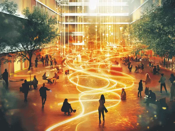 Second Hill leadership illustration: community collaboration connected by networks of mutual support, showing individual excellence serving collective flourishing