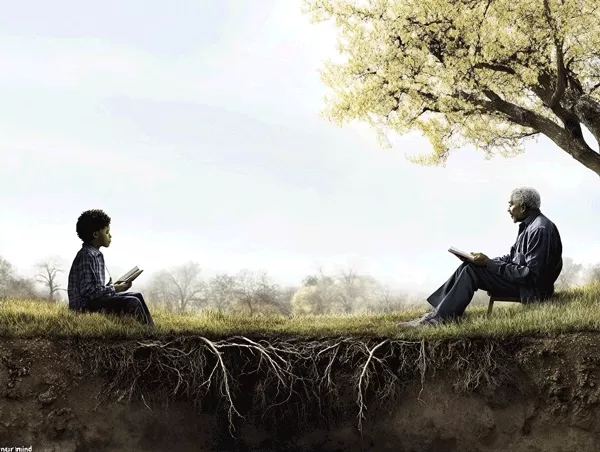 An elder and a young person sit across each other, both mutually apprenticing and leading each other in keeping with the apprenticeship leadership model.