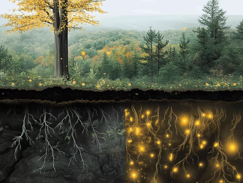 Forest cross-section showing mycelial networks connecting trees, demonstrating how to build resilient community bonds through collective ecosystem response.