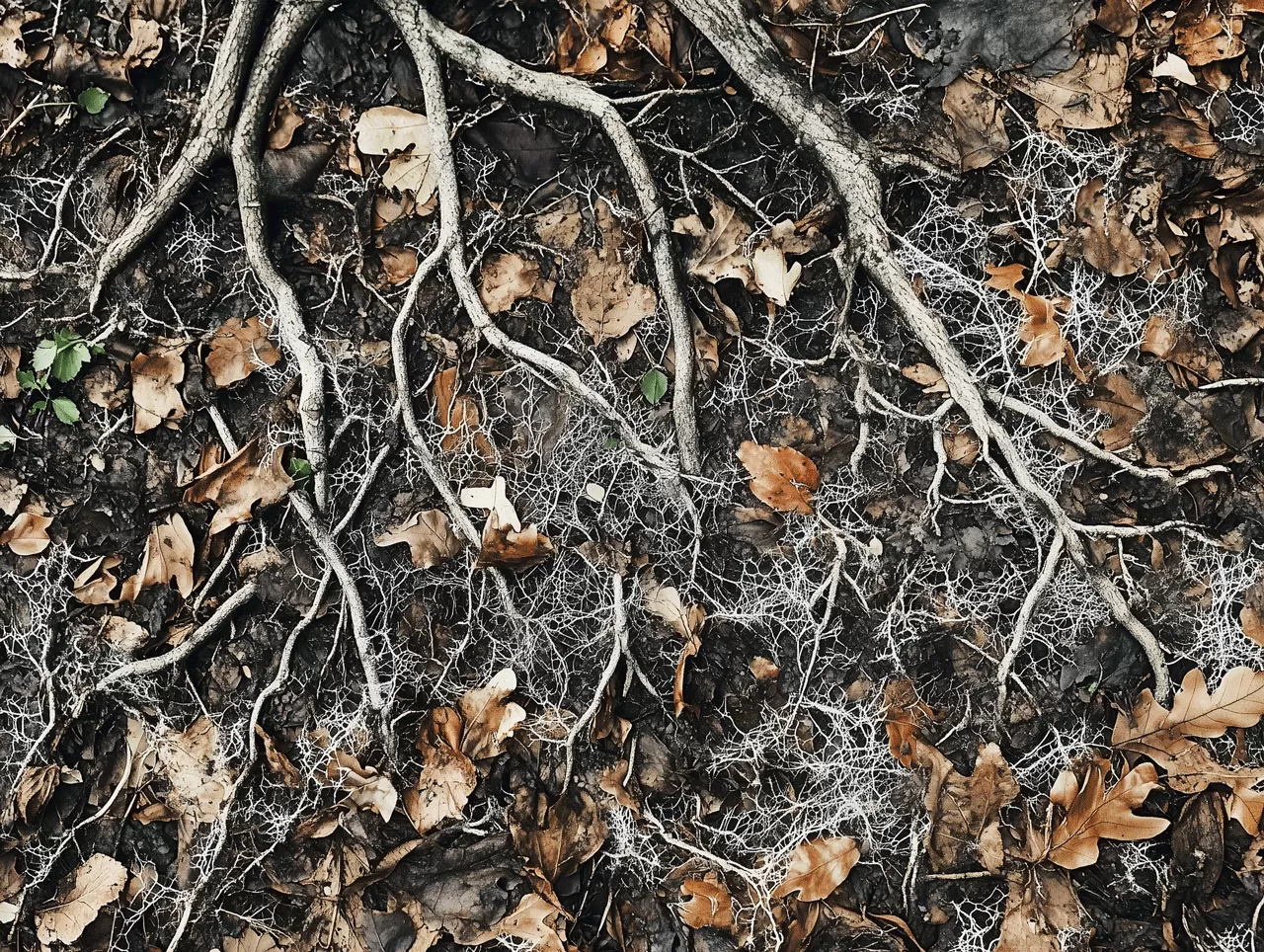 Mycelial fungal networks connecting tree roots underground, demonstrating how to build resilient community bonds through natural interconnected systems.