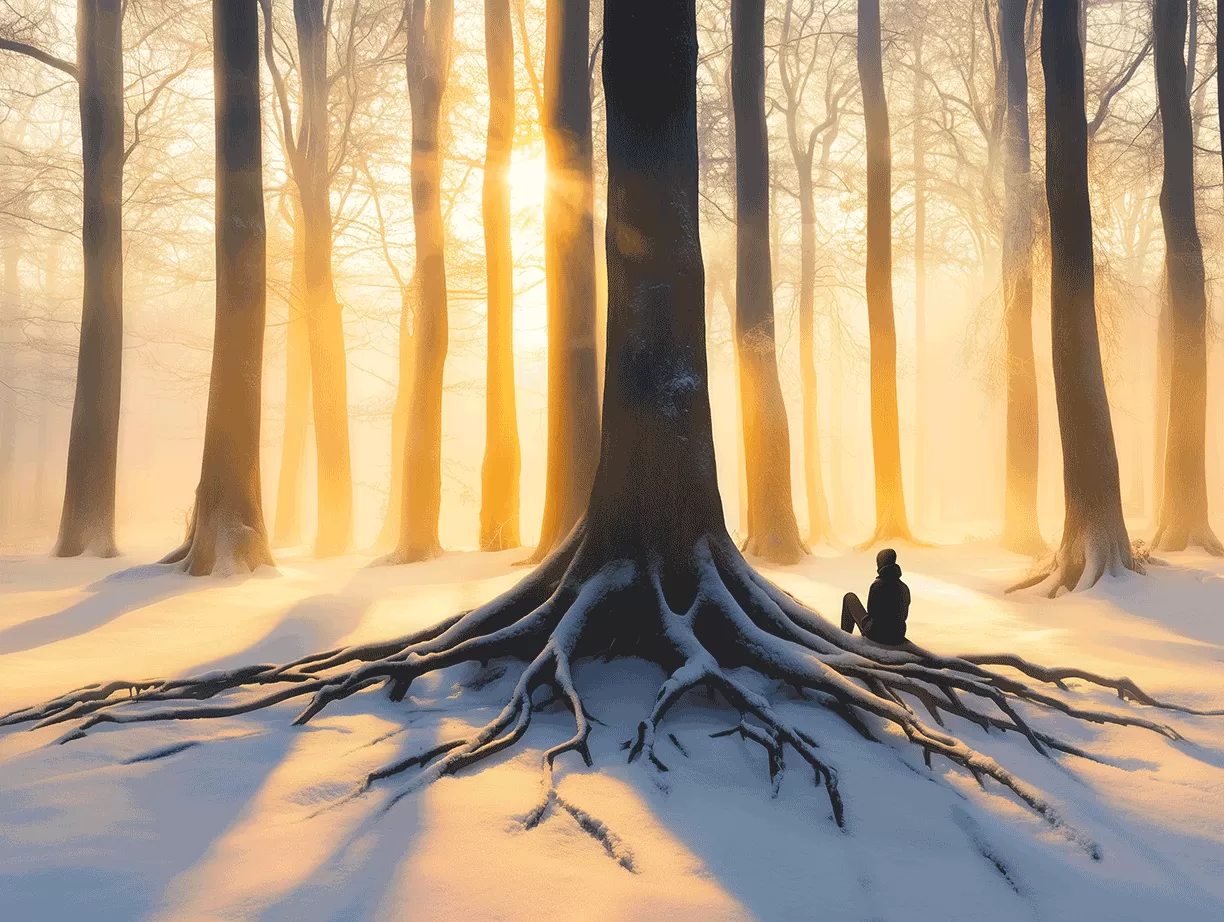Person in contemplative practice and meditation in winter forest with visible tree root networks, illustrating reflection and community connection.