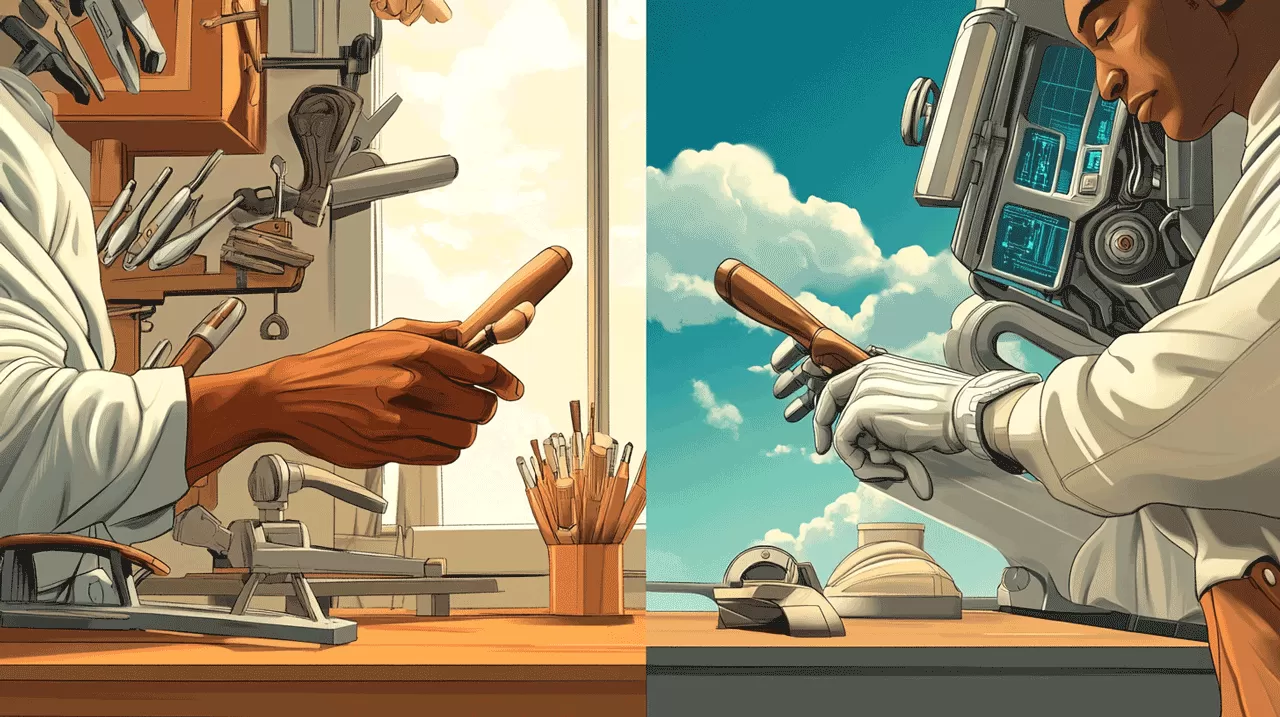 AI Decision Fatigue: A split-screen composition showing a craftsperson's hands working with traditional woodworking tools on the left, while the right side displays multiple AI interface screens overlapping in a chaotic pattern. The contrast illustrates the tension between thoughtful, hands-on engagement and overwhelming digital dependency.