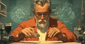 Craftsperson planing wood with grain patterns transforming into neural networks, symbolizing authentic human learning principles transitioning from workshop craft to artificial intelligence.