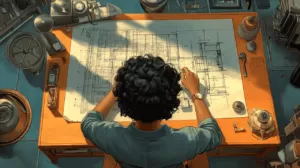 Thinking visualization tools displayed on craftsperson workbench: digital mind mapping, analog sketches, contemplative objects, and AI collaboration interface.