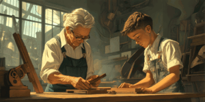 Human Consciousness vs AI: Master craftsperson and apprentice working together in traditional woodworking workshop, sharing moment of conscious attention and presence while examining hand plane technique, representing human consciousness transmission through relationship