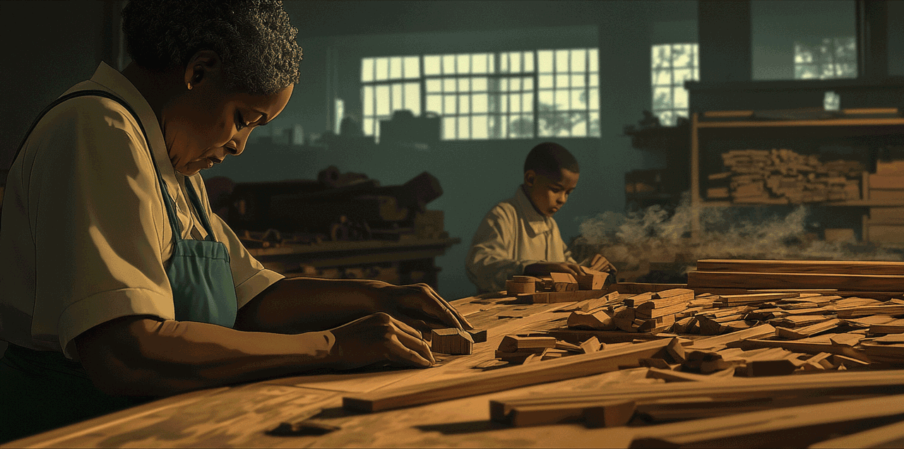 Learning Communities demonstrated by A close-up photograph of weathered hands guiding younger hands while using a traditional hand plane on a piece of wood, with wood shavings curling away from the cut. The background shows a workshop setting with hand tools arranged on a workbench, emphasizing the tactile, human-to-human transmission of knowledge and skill.