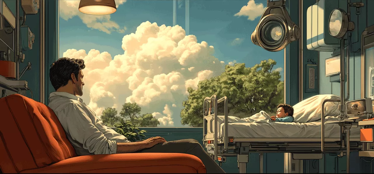 Productive Uncertainty: Parent reviewing medical decisions in hospital sitting bedside to the uncertainty involving his child illustrating how uncertainty develops human wisdom