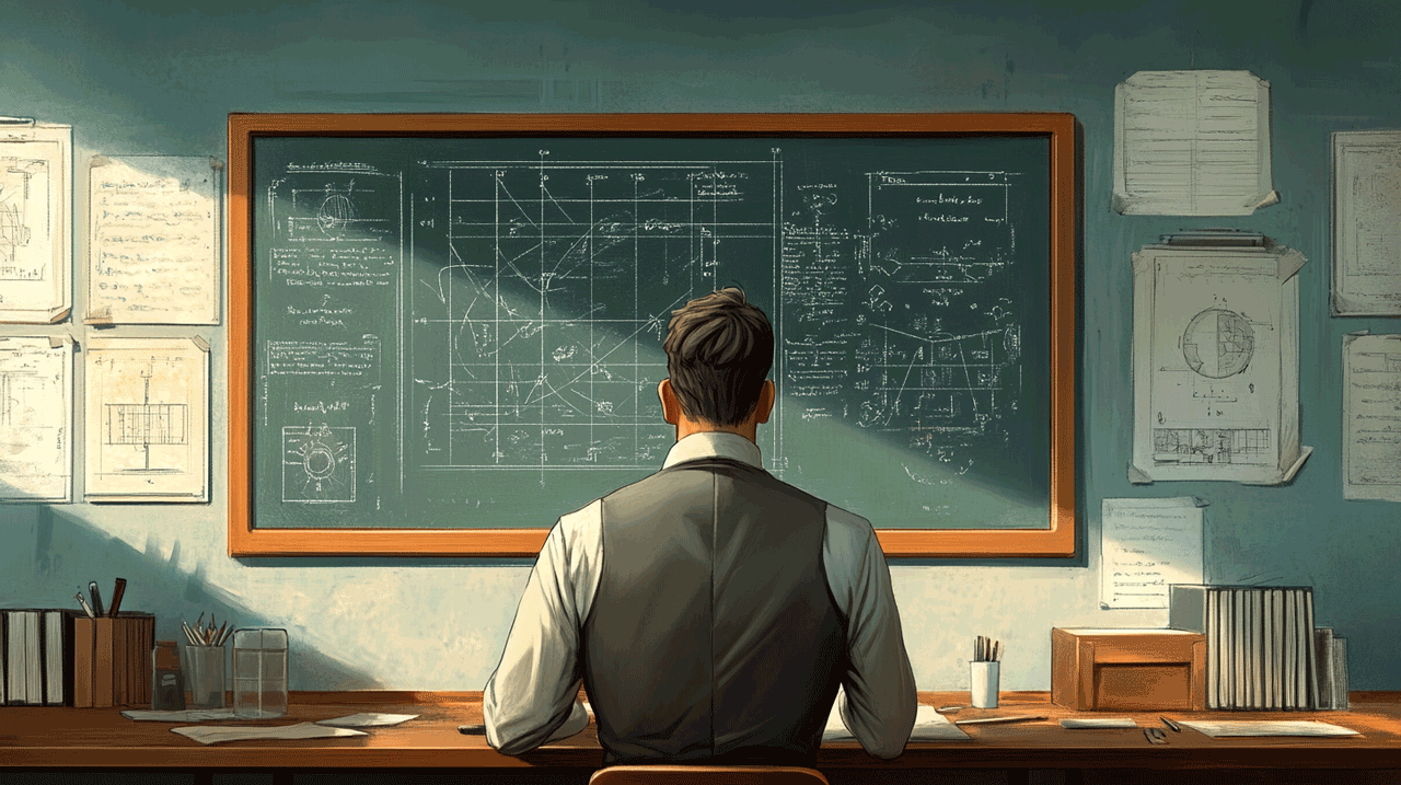 An instructor sits starting at his blackboard applying the three axioms for complex thinking as he contemplates critical questions and research.