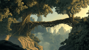 Living root bridge grown by Khasi people in Meghalaya India showing ancient wisdom of patient apprenticeship leadership model cultivation through natural bridge building