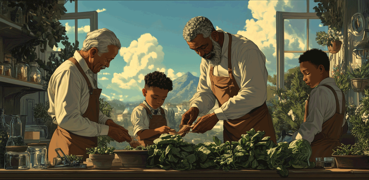 Multi-generational family working together, demonstrating natural family leadership development through shared tasks and mentoring relationships