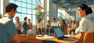 Professional leadership psychology: Professionals engaged in warm conversation with team members in natural lighting, with subtle root-like connections illustrated between the people to represent psychological understanding and relationships