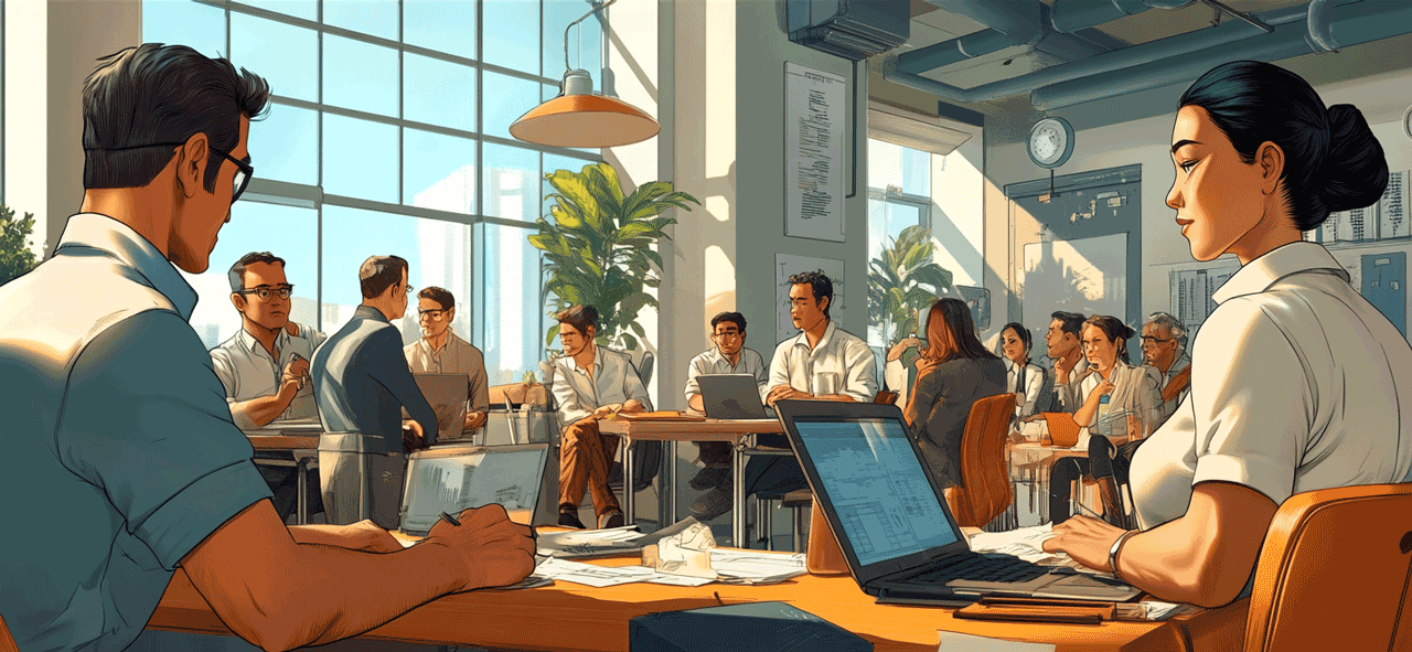 Professional leadership psychology: Professionals engaged in warm conversation with team members in natural lighting, with subtle root-like connections illustrated between the people to represent psychological understanding and relationships