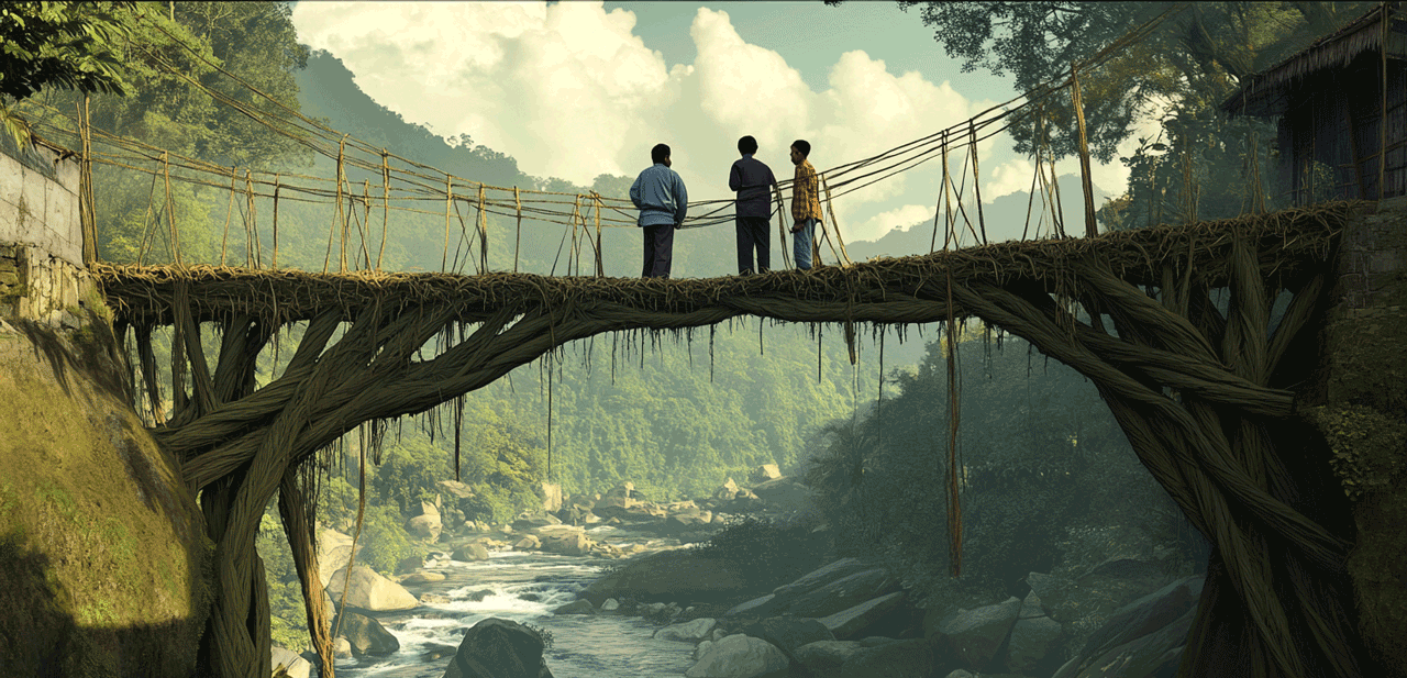 Tribal leadership: A wide-angle photograph of Khasi bridge builders in Meghalaya working together to guide rubber tree roots across a river gorge, with multiple generations of villagers participating in the process. The image should show both the natural bridge structure and the collaborative human element, captured during the monsoon season when root weaving occurs.