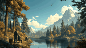 Expansive image of convening and communing with natural wisdom, spanning river gorge with dense forest background demonstrating sustainable indigenous architecture and living systems leadership principles.