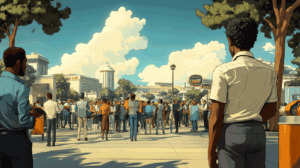 A crowd of individuals, all members of society, gather to express their civic duty as protectors of social stewardship.