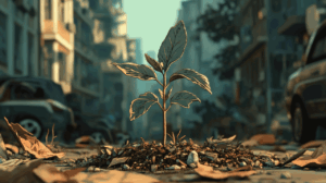 A sprout emerges from the ground in the midst of decaying architecture representing how we undermine the foundations of community, while hope still springs forth.