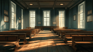 Community as gift: empty wooden benches arranged in a circle in a community hall with natural light streaming through tall windows. The benches face inward toward a center space, suggesting gathering and conversation. The room has warm wood tones, simple architecture, and shows signs of use (worn armrests, scuffed floors) indicating decades of civic practice. No people present – the image should convey both absence and invitation, the structural preparation for communion without the performance of it.